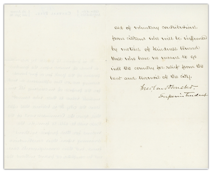Frederick Law Olmsted Letter Signed as Superintendent of Central Park, During Its Construction -- ''those who have no means to go into the country for relief from the heat and turmoil of the city''